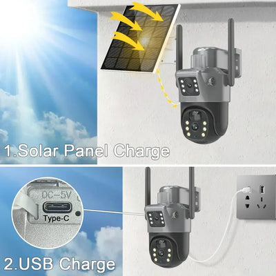 Caméra solaire 4K 8MP double écran, carte mémoire 256 Go gratuite, extérieur sans fil, WiFi, PTZ, double objectif, protection de sécurité, suivi automatique, vidéosurveillance