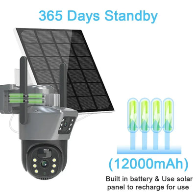 Caméra solaire 4K 8MP double écran, carte mémoire 256 Go gratuite, extérieur sans fil, WiFi, PTZ, double objectif, protection de sécurité, suivi automatique, vidéosurveillance
