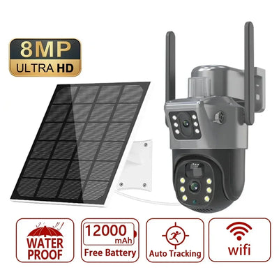 Caméra solaire 4K 8MP double écran, carte mémoire 256 Go gratuite, extérieur sans fil, WiFi, PTZ, double objectif, protection de sécurité, suivi automatique, vidéosurveillance