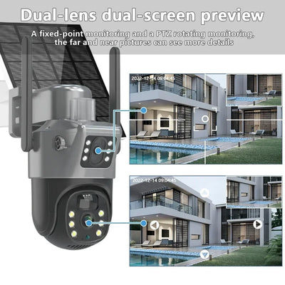 Caméra solaire 4K 8MP double écran, carte mémoire 256 Go gratuite, extérieur sans fil, WiFi, PTZ, double objectif, protection de sécurité, suivi automatique, vidéosurveillance
