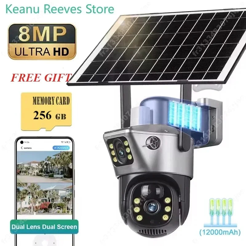 Caméra solaire 4K 8MP double écran, carte mémoire 256 Go gratuite, extérieur sans fil, WiFi, PTZ, double objectif, protection de sécurité, suivi automatique, vidéosurveillance