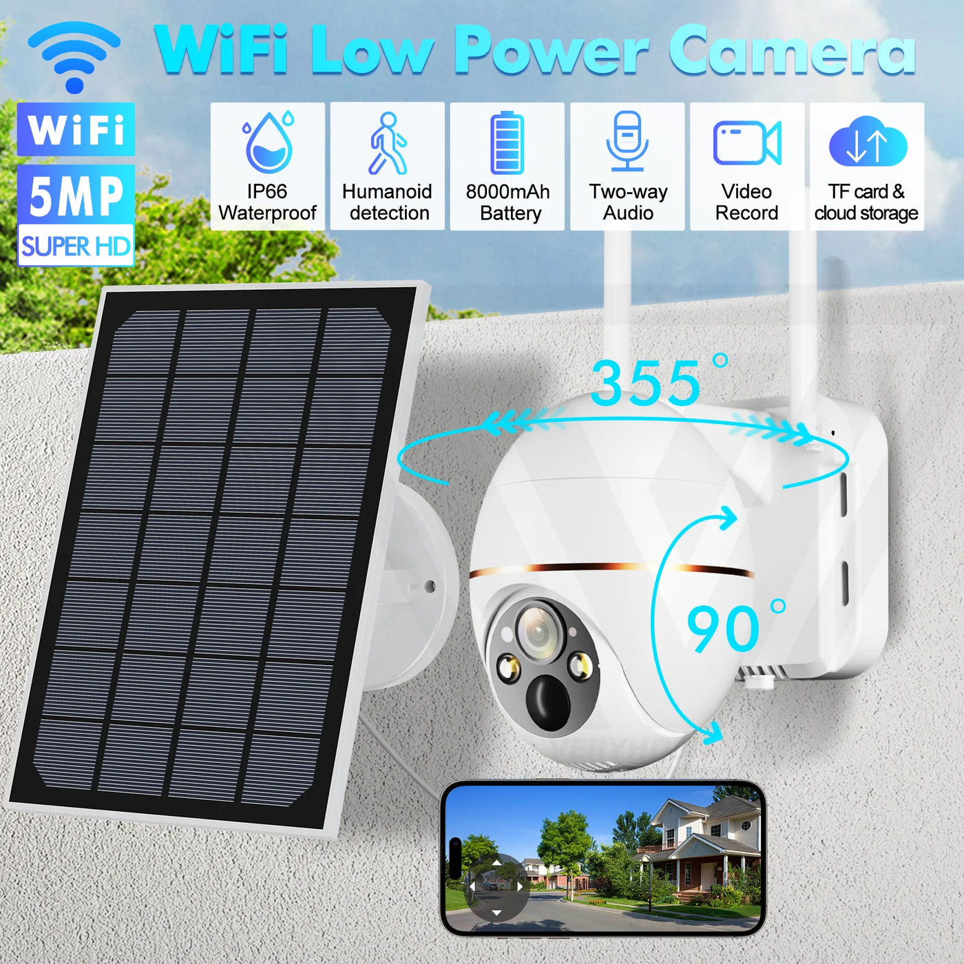 5MP Solar WIFI IP Camera 8000mAh Battery PTZ Surveillance Cameras Wireless PIR Human Tracking CCTV Outdoor HD Waterproof 5X Zoom