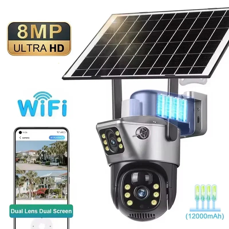 Caméra solaire 4K 8MP double écran, carte mémoire 256 Go gratuite, extérieur sans fil, WiFi, PTZ, double objectif, protection de sécurité, suivi automatique, vidéosurveillance