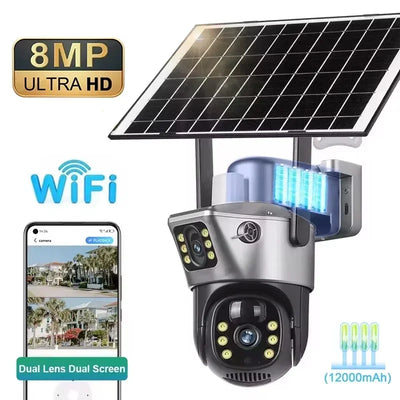 Caméra solaire 4K 8MP double écran, carte mémoire 256 Go gratuite, extérieur sans fil, WiFi, PTZ, double objectif, protection de sécurité, suivi automatique, vidéosurveillance