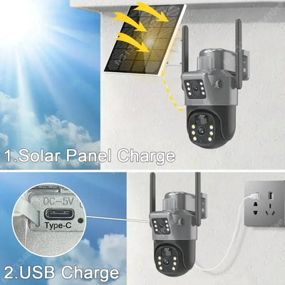 Caméra solaire 4K 8MP double écran, carte mémoire 256 Go gratuite, extérieur sans fil, WiFi, PTZ, double objectif, protection de sécurité, suivi automatique, vidéosurveillance