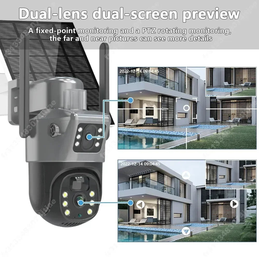 Caméra solaire 4K 8MP double écran, carte mémoire 256 Go gratuite, extérieur sans fil, WiFi, PTZ, double objectif, protection de sécurité, suivi automatique, vidéosurveillance
