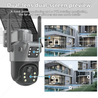 Caméra solaire 4K 8MP double écran, carte mémoire 256 Go gratuite, extérieur sans fil, WiFi, PTZ, double objectif, protection de sécurité, suivi automatique, vidéosurveillance