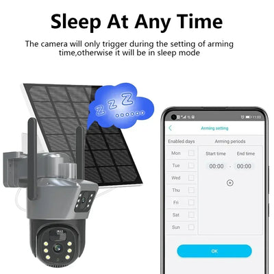 Caméra solaire 4K 8MP double écran, carte mémoire 256 Go gratuite, extérieur sans fil, WiFi, PTZ, double objectif, protection de sécurité, suivi automatique, vidéosurveillance
