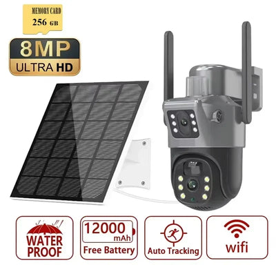 Caméra solaire 4K 8MP double écran, carte mémoire 256 Go gratuite, extérieur sans fil, WiFi, PTZ, double objectif, protection de sécurité, suivi automatique, vidéosurveillance